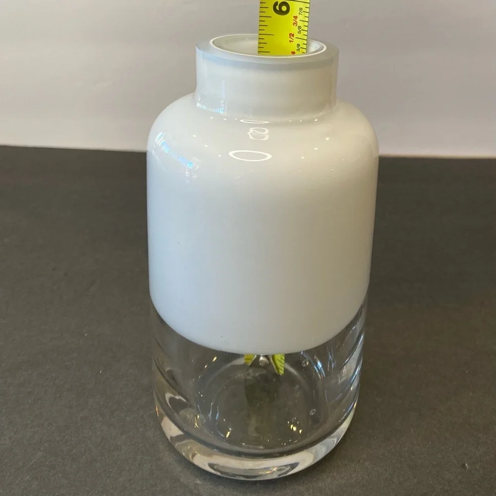 Opaque White Clear Fused Glass 5.5” Vase Thick Leaded Two Tone Color Blo…